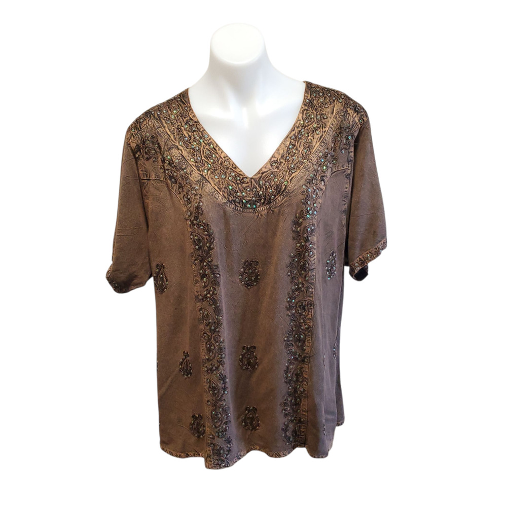 Braja Boho Beaded Embroidered Tunic Top 2X Crinkle Brown Y2K Festival Blouse